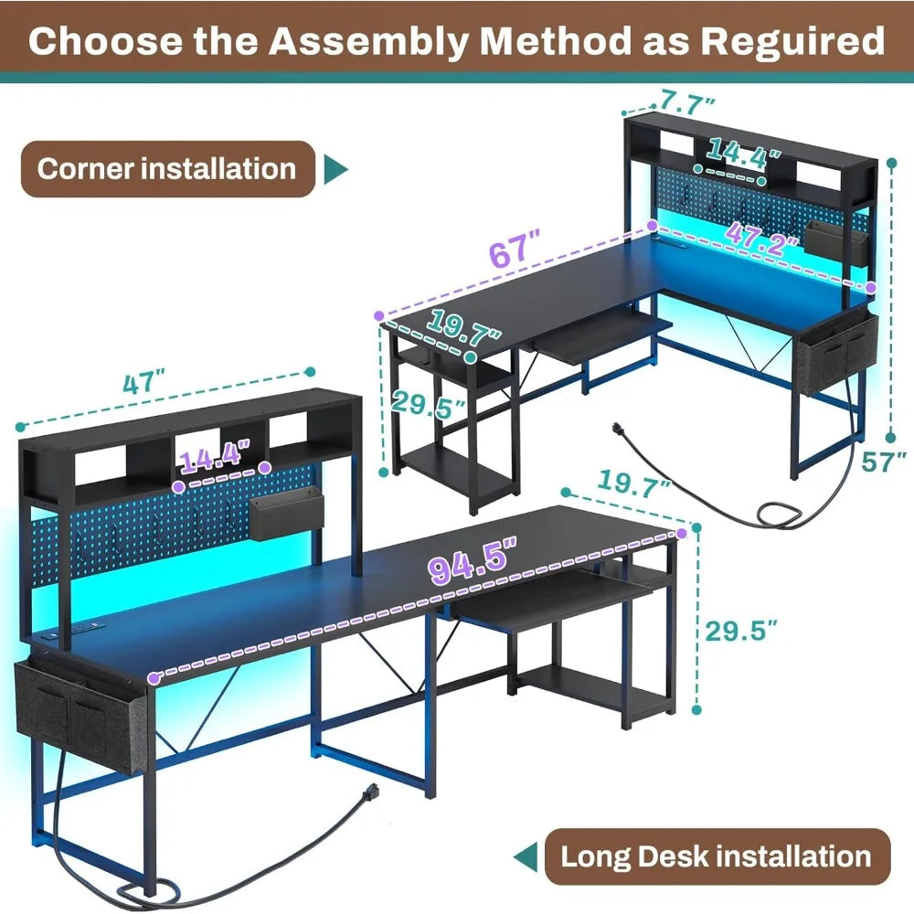 L Shaped Gaming Desk, Reversible Computer Desk with Power Outlet and Pegboard, Gaming Desk with Led Lights,
