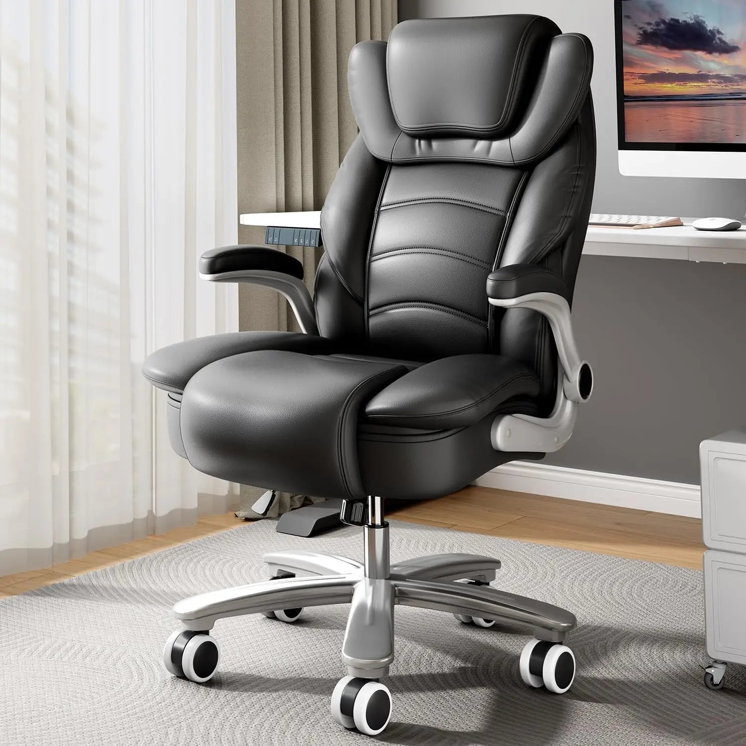 Office Chair 400lb Wide Seat, Ergonomic High Back Leather Executive Desk Chair with Flip-up Arms, Gray/Blue