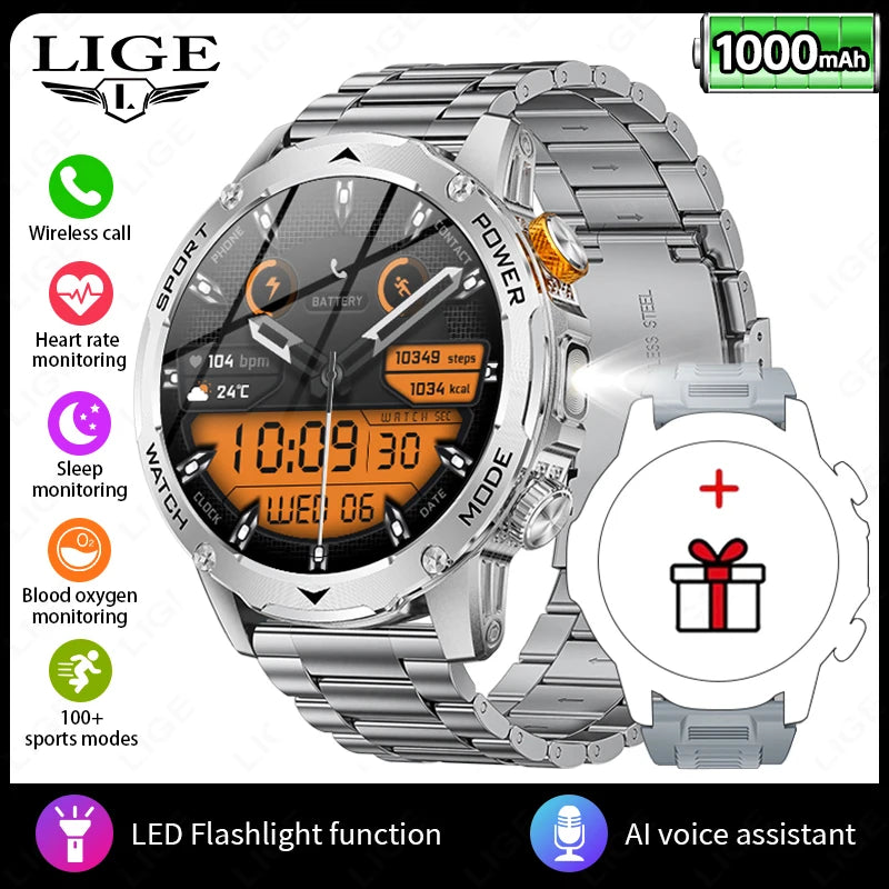 LIGE AMOLED Smart Watch Men with Flashlight Sports IP68 Waterproof Fitness Tracker Bluetooth Call Smartwatch Man for Android iOS