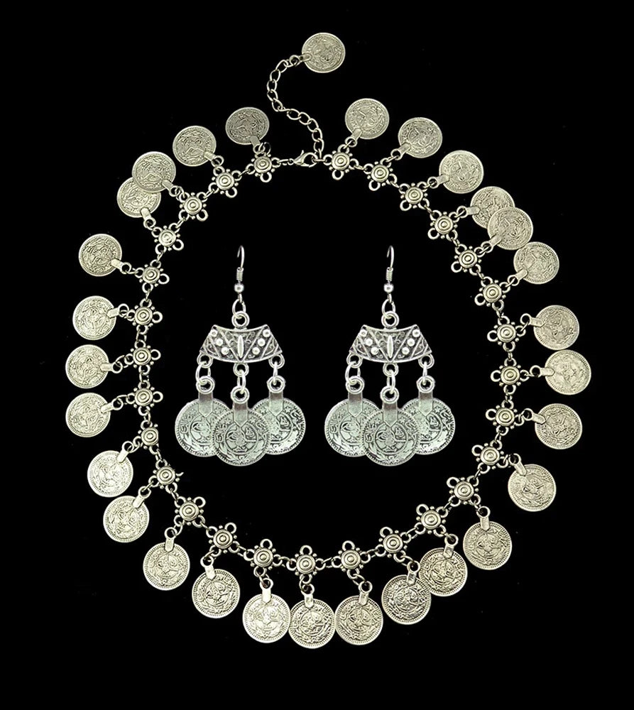 Afghan Turkey Coins Necklace Earrings for Women Vintage Boho Ethnic IndianTribal Bride Choker Statement Necklaces Jewelry Sets
