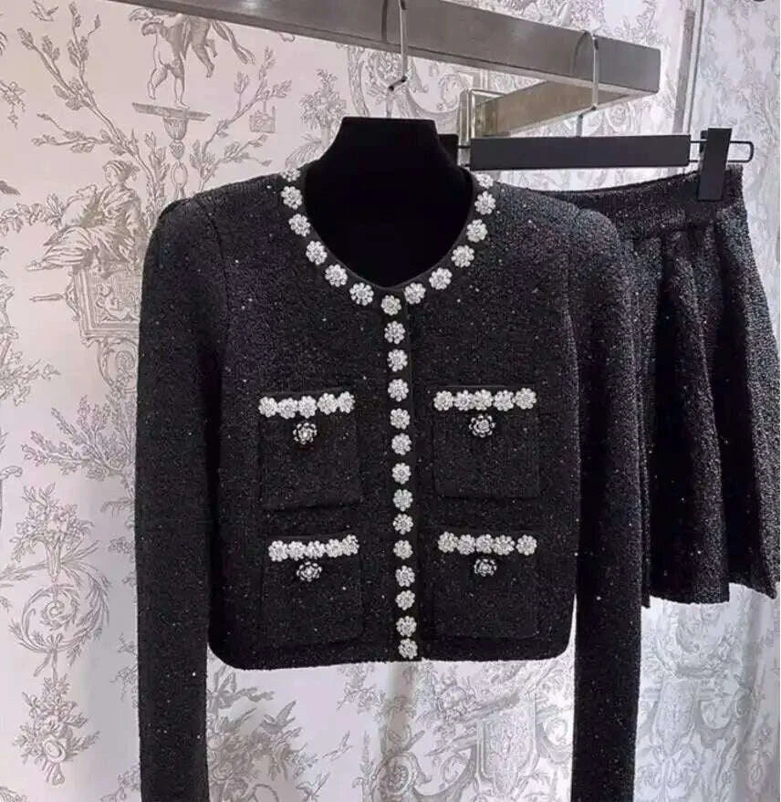 KIMLUD, Autumn Winter Knitted Two Piece Women Set Diamonds Beading Jackets Caridgants Short Skirts Suits 2pcs Outfits, KIMLUD Womens Clothes