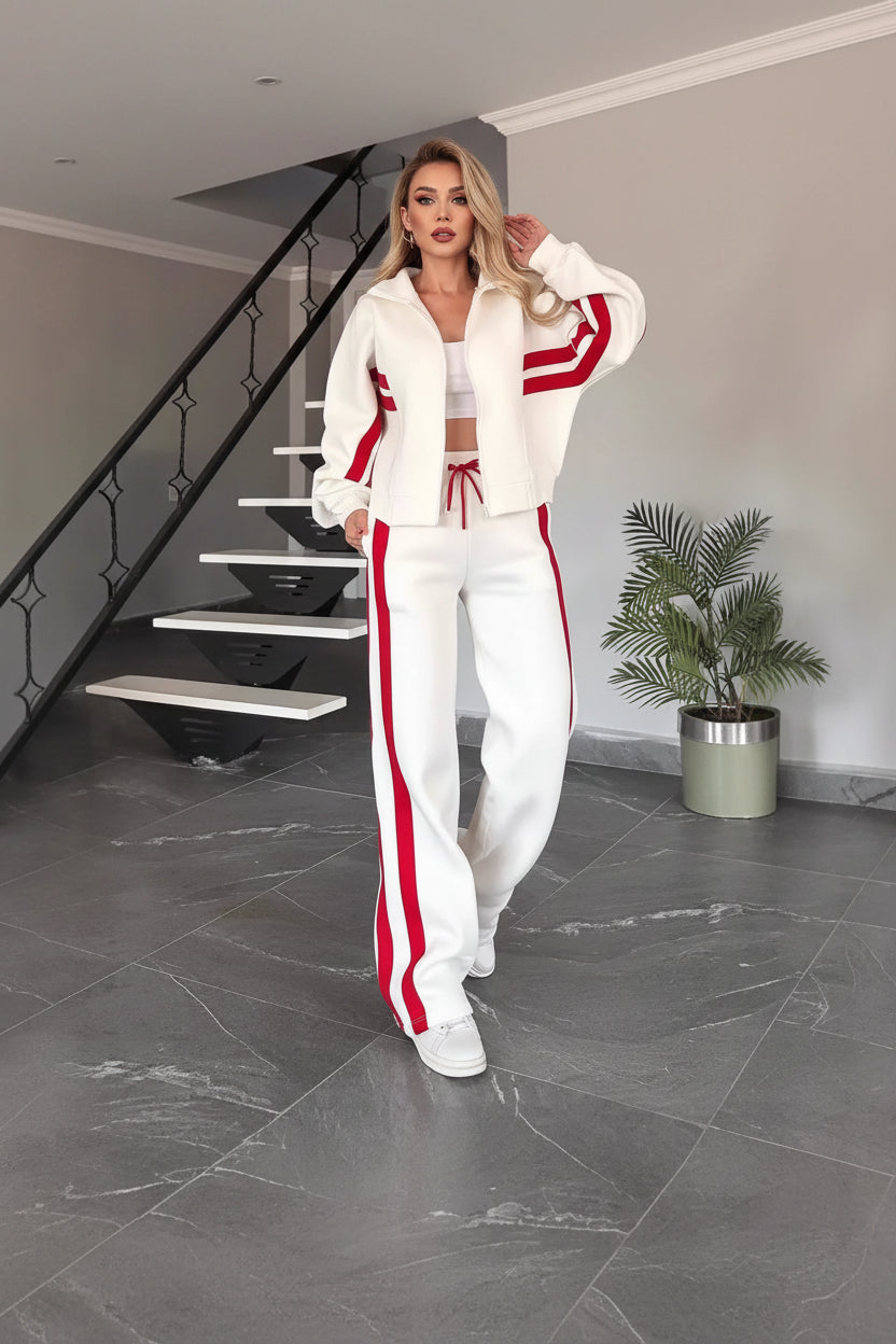 Y2K Striped Zipper Coat Two-Piece Set Red Stripe — White | KIMLUD