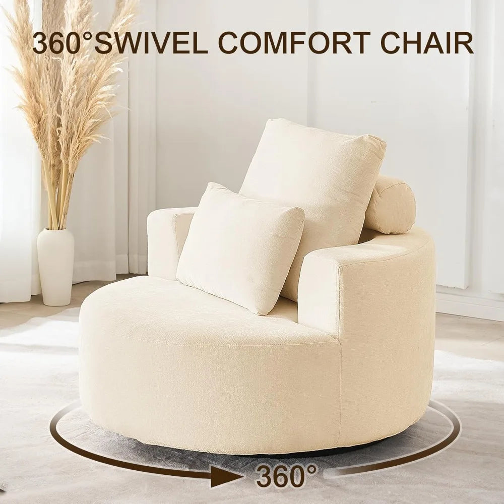 Furnimart Oversized Barrel Accent Chair, 360° Swivel Round Upholstered Sofa, Chenille High-Resilience Sponge, No Assembly Wide S