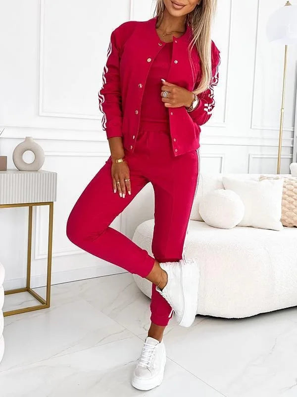 Autumn Three-Piece Set Women's Suit Striped Tape Patch Buttoned Jacket + Tank Top + Pants Sets Lady Sportswear Casual Tracksuits