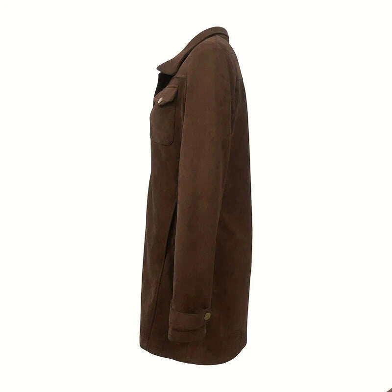 KIMLUD, Classic Retro Suede Long Trench Jacket for Women's Pocket Single Breasted Turn Down Collar Windbreaker Autumn Winter Outerwears, KIMLUD Womens Clothes