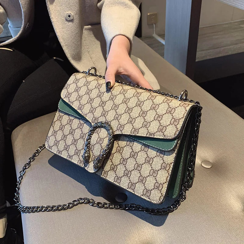PU Mini Crossbody Bag Vintage Print With Chain Strap Monogram — Beige-Cream | KIMLUD