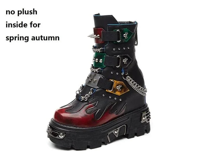 Women's Genuine Leather Motorcycle Boots Rivet Metal Chain Buckle Belt Short Punk Mid-calf Boots Winter Lady Platform Chunky
