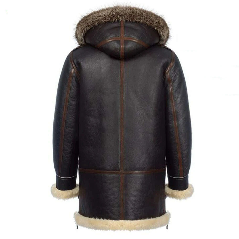 KIMLUD, Denny&Dora Men's Shearling Jacket Hood Thick Warm Winter Sheepskin Coat Dark Brown Leather Jacket, KIMLUD Womens Clothes