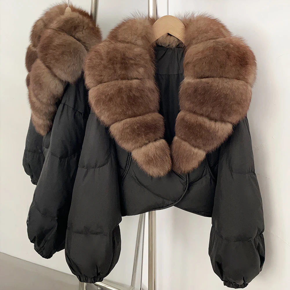Down Coat – Real Fox Fur Trim – Duck Down – Natural | KIMLUD