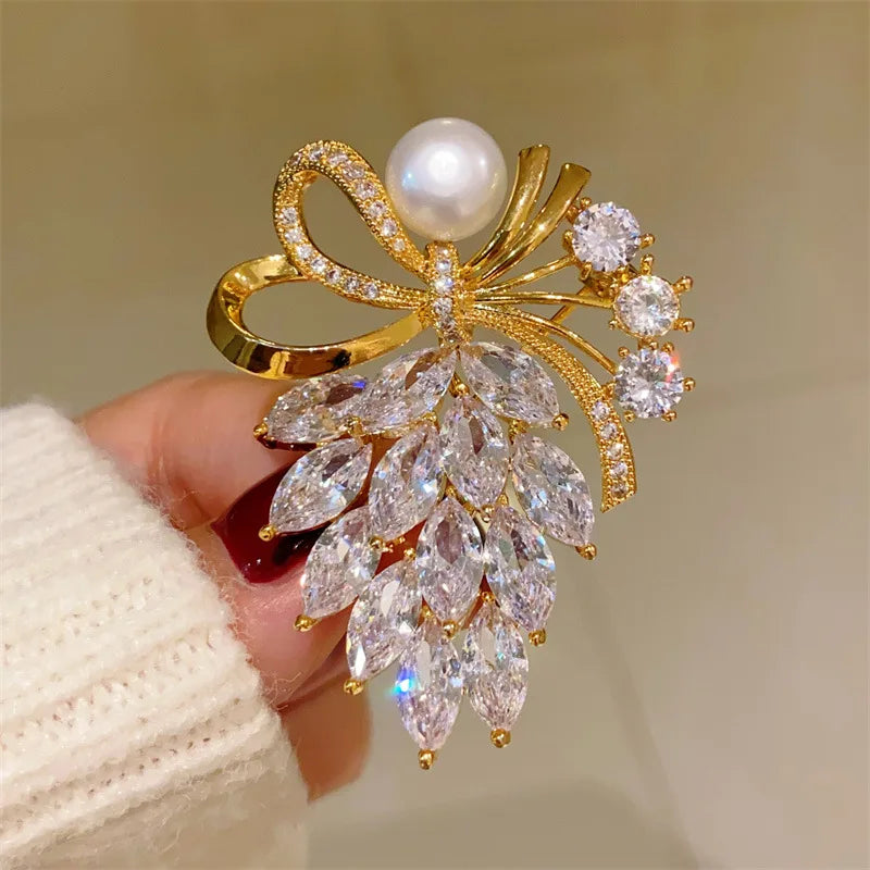 Gold-Tone Ribbon Bow Brooch With Faux Pearl Accent — Gold | KIMLUD