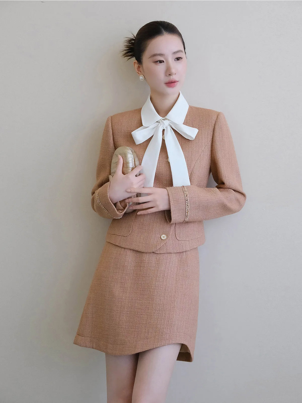 XXNING Luxury Faion Set Women's Autumn Winter ort Coat Skirt Two-Piece Suit Ele Lady Sle Knot Design