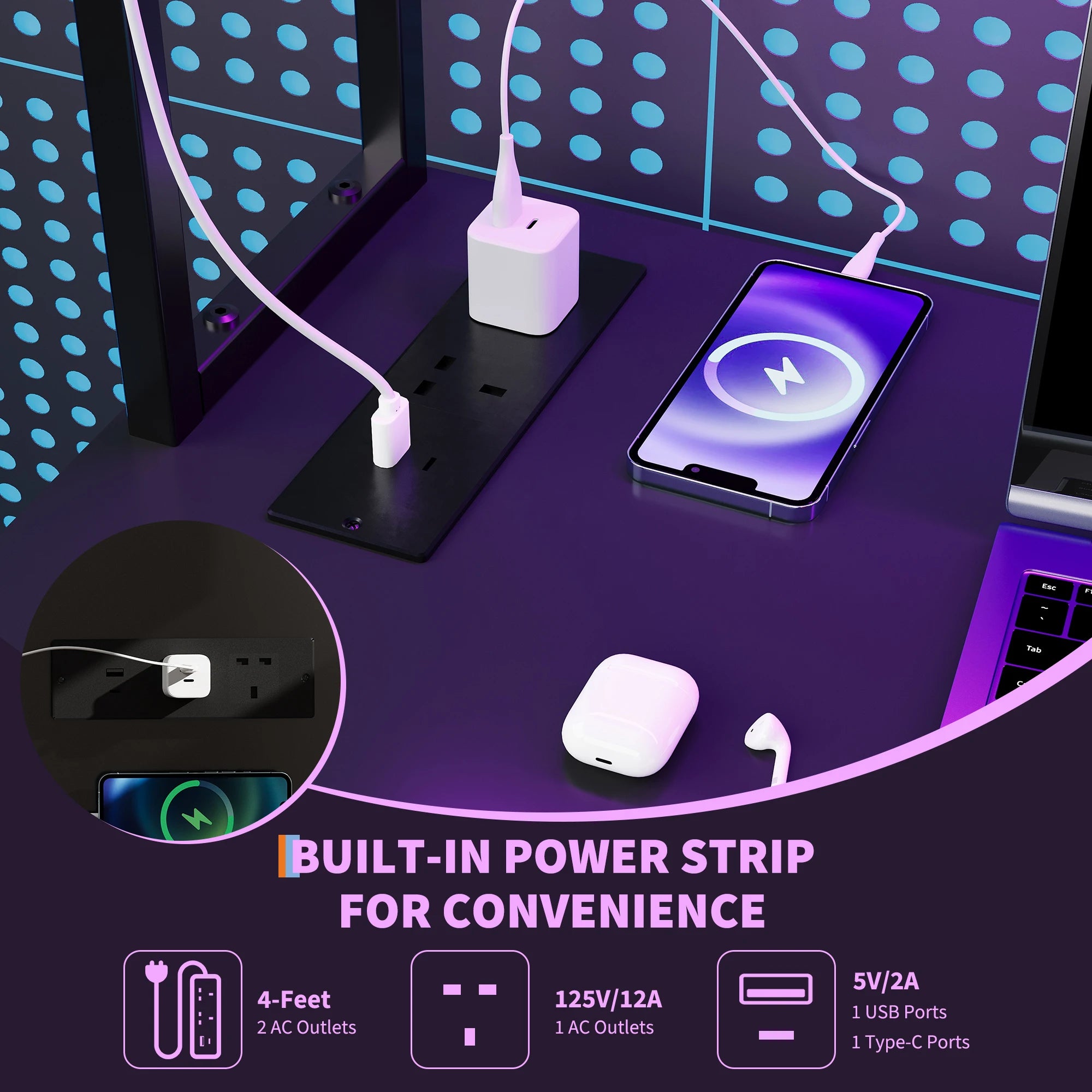 L Shaped Gaming Desk with Power Outlets & LED Lights, Corner Desk with Monitor Stand for Home Office, Space-Saving