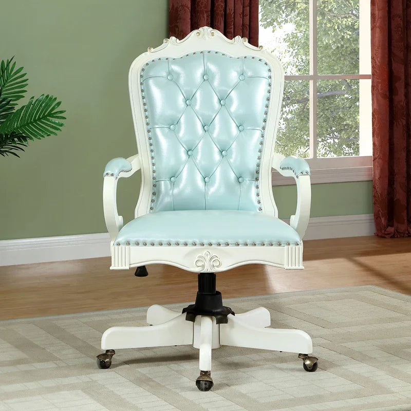 12American Genuine Leather Retro Carved Solid Wood Swivel Chair Office Chair Lift