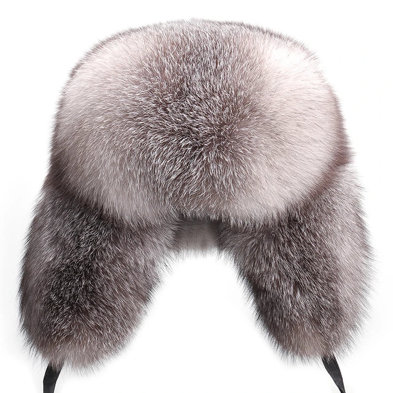 2025 Winter 100% Real Silver Fox Fur Bomber Hat Raccoon Fur Ushanka Cap Trapper Russian Men's Ski Hats Caps