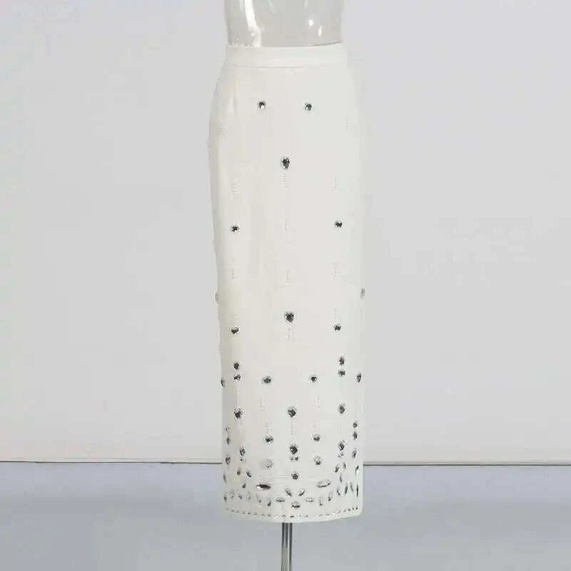 KIMLUD, TWOTWINSTYLE Solid Spliced Diamonds Two Piece Set For Women Stand Collar Long Sleeve Tops High Waist A Line Skirt Set Female New, KIMLUD Womens Clothes