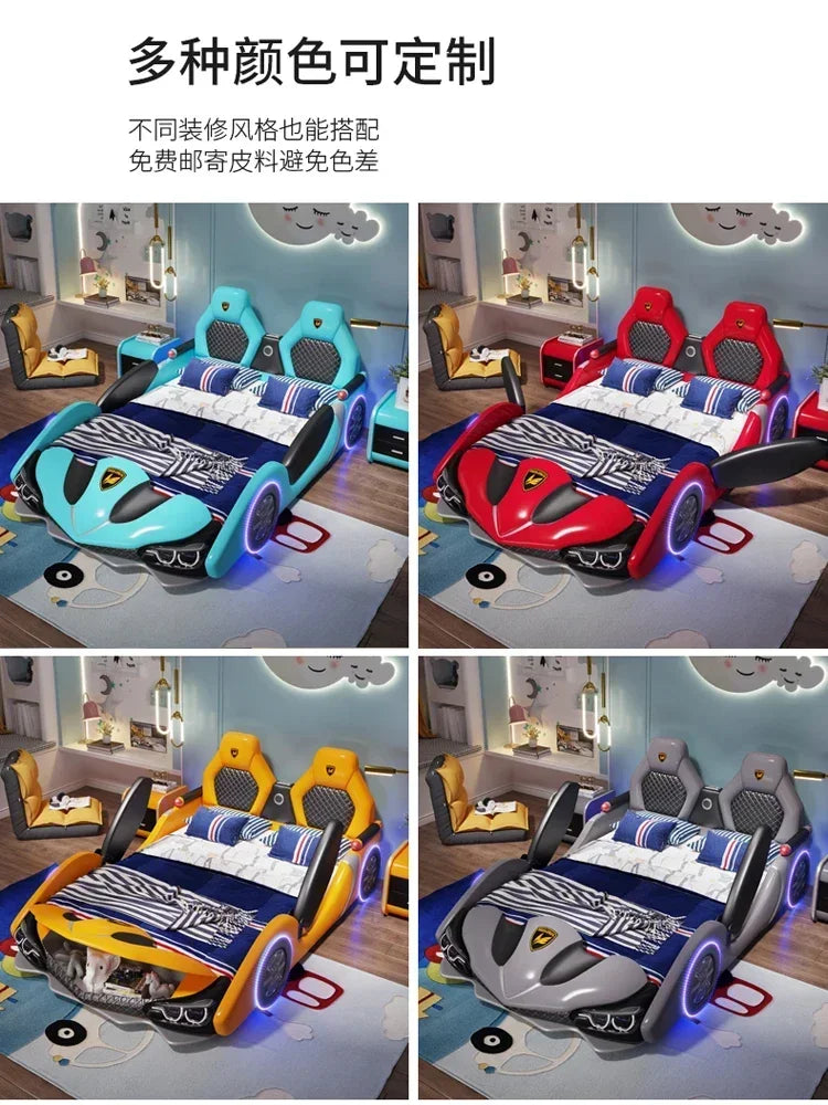 Children's Bed Boys and Girls 1.8m New Creative Cartoon Car Bed 1.5m Princess Leather Bed with Guardrail Blue