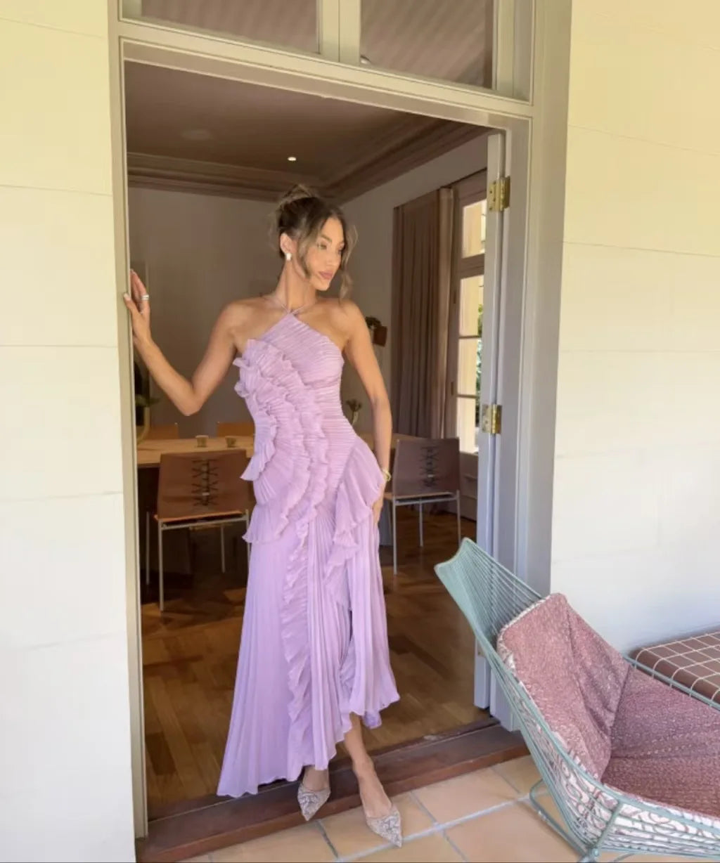 Chic Pleated Halter Long Dress Women High Quality Strapless Backless Ruffles Lotus Edge Maxi Dress 2025 Nw Lady Vacation Gowns