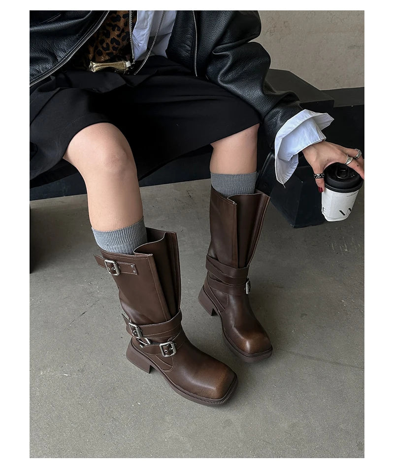 Women's Boots Half High Square Toe Footwear Brown Biker Shoes For Woman Mid Calf Middle Heel Comfortable And Low Price Pu Goth