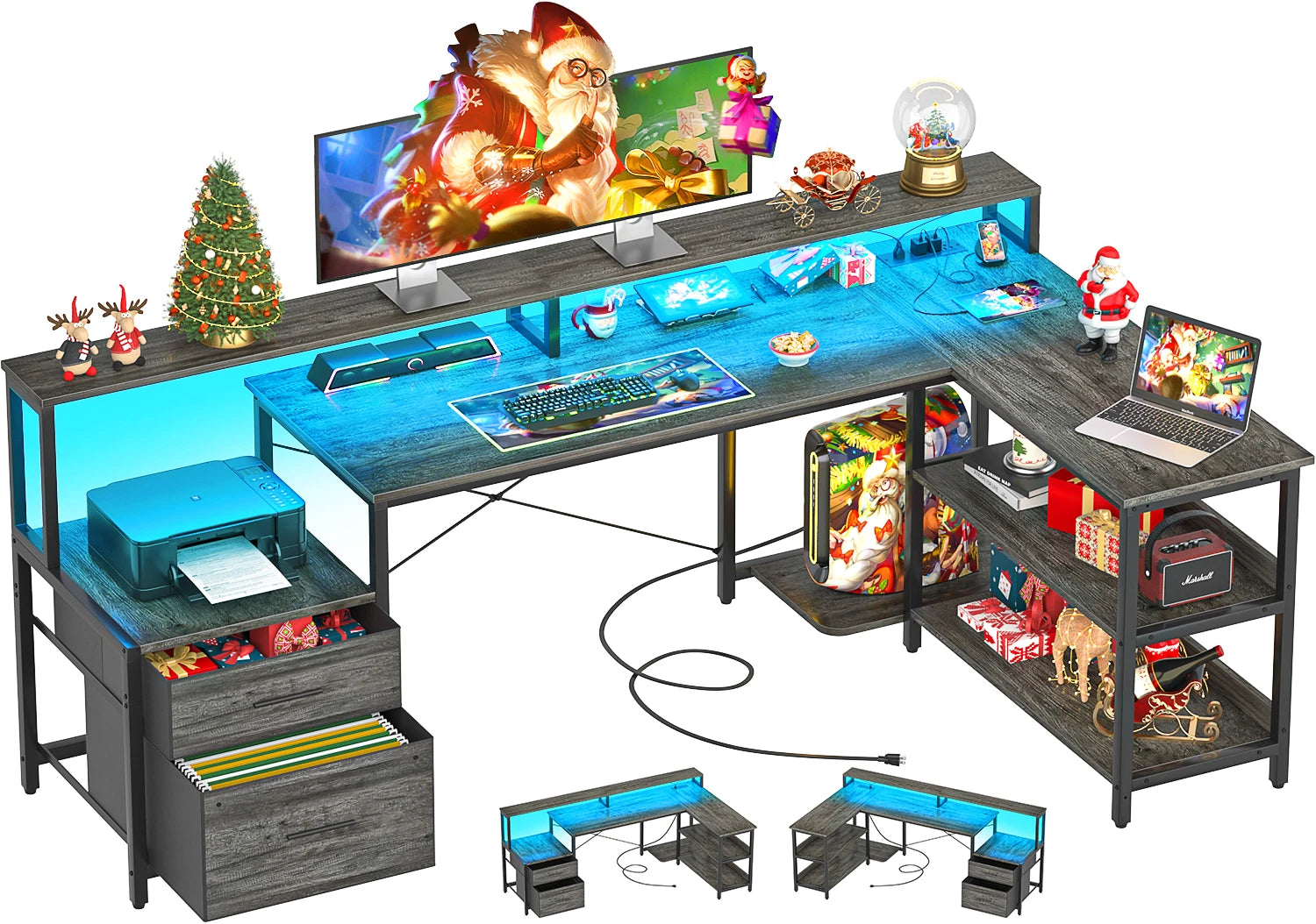 Aheaplus Reversible L Shaped Desk / Home Office Desk / Gaming Desk with File Drawer & Power Outlet & LED Strip