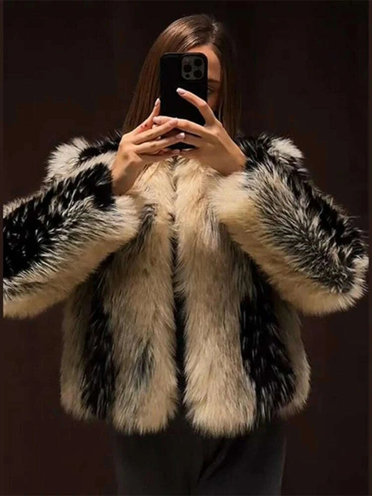 KIMLUD, Stylish Contrast Faux Fur Women Coat Elegant O-neck Single Breasted Full Sleeve Female Coats 2025 Winter Chic Lady Jacket, KIMLUD Womens Clothes