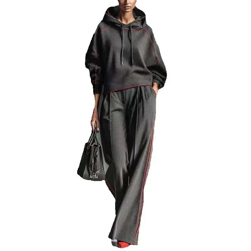 Hooded Sweatshirt Set Wide-Leg Pants — Charcoal Grey | KIMLUD
