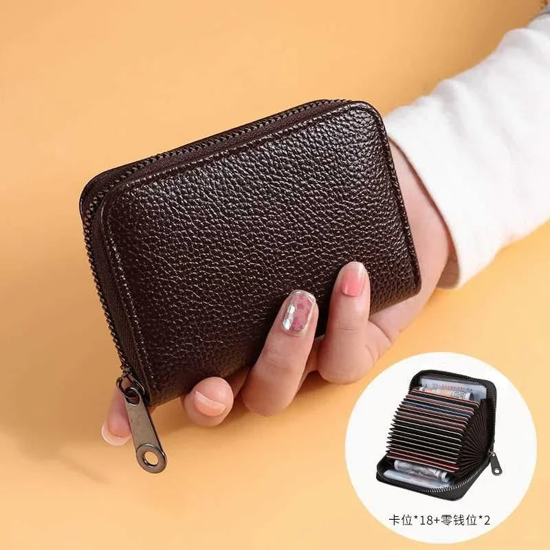 Vintage PU Leather Card Holder Wallet With Multi Slot Zipper — Black | KIMLUD