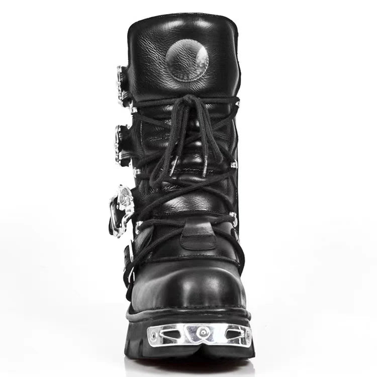 Genuine Leather Motorcycle Boots Goth Skull Embellishment With Metal Hardware — Black | KIMLUD