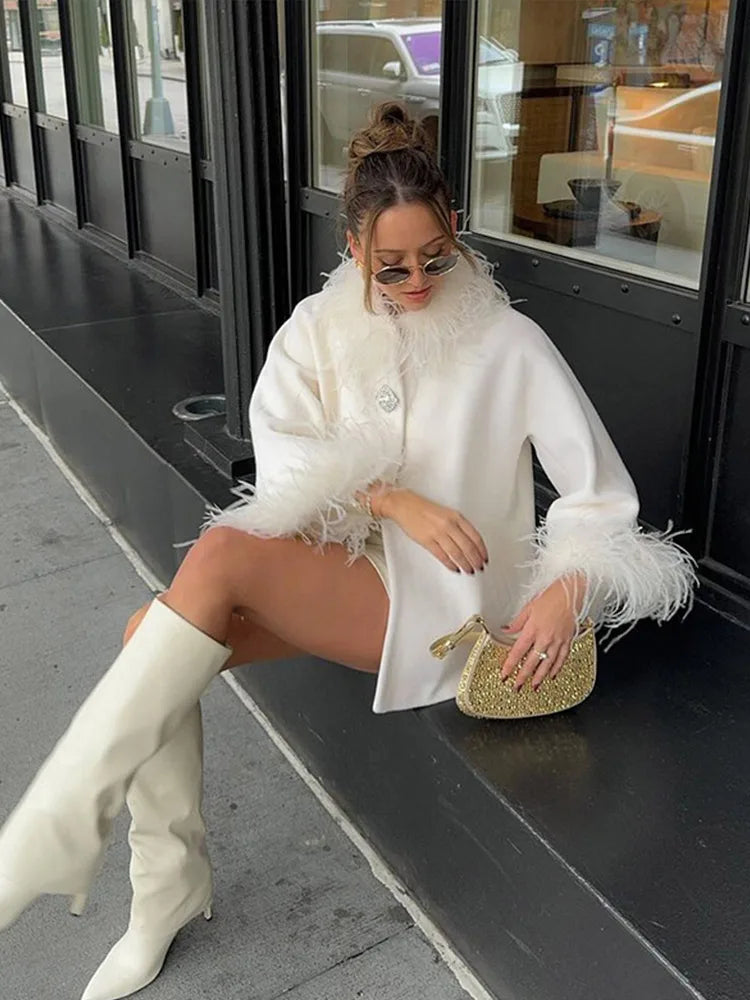 Elegant Feather Spliced Women's Coat Loose Feather Cuff Collar Lady Poncho Outwear 2024 Winter High Street Jacket New In Coats