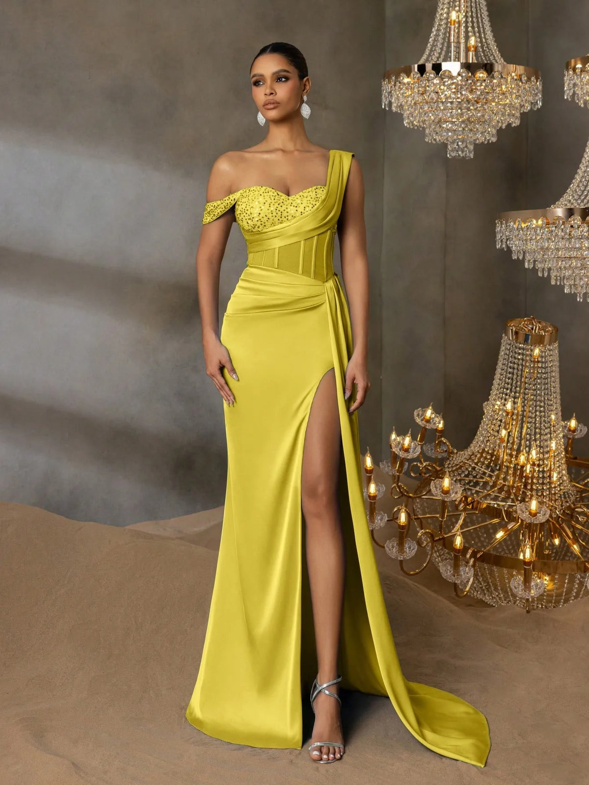 Mermaid Evening Dress – Off Shoulder – Polyester – Gold | KIMLUD