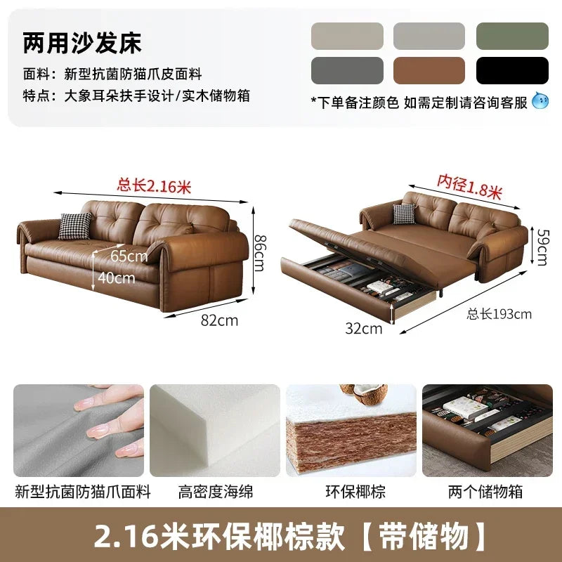 Faux Leather Sofa Bed Italian Modern Silhouette With Convertible Chaise Lounge — Brown | KIMLUD