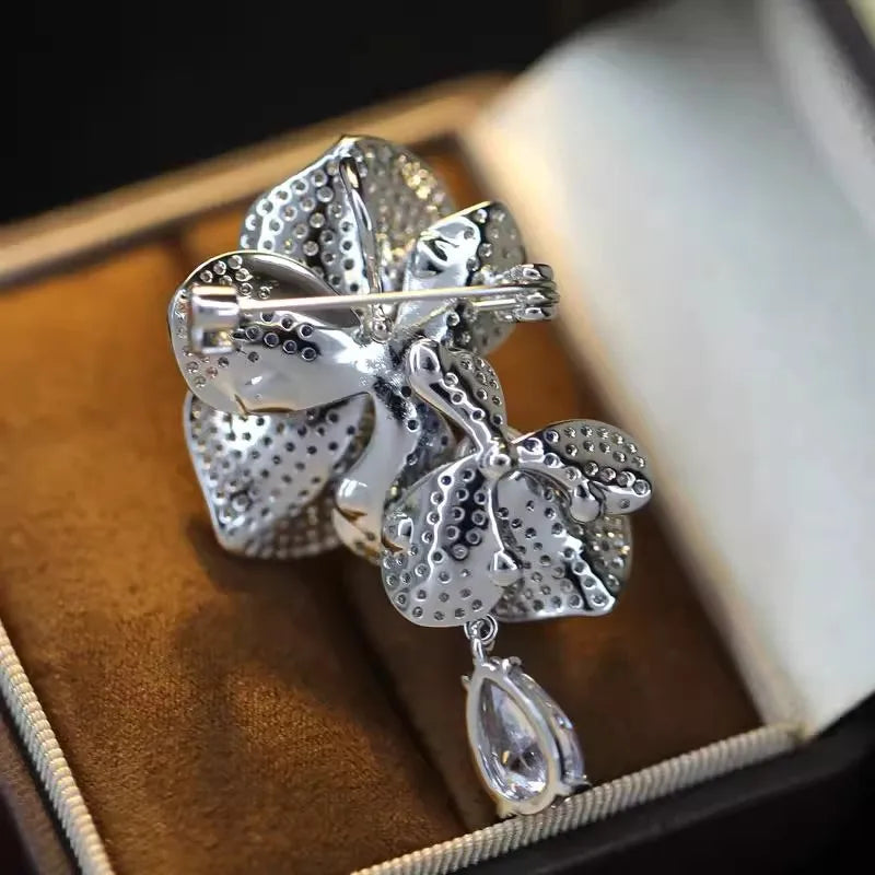 Crystal Zircon Pearl Brooch Flower Phalaenopsis — Blue | KIMLUD