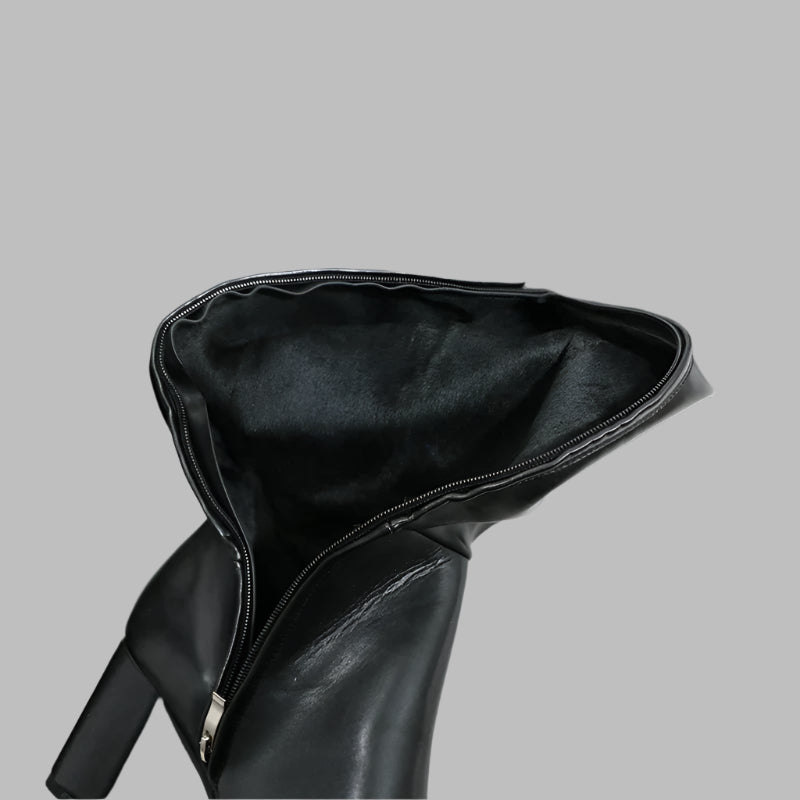 Sorbern Black Matte Block Square Heels Boots For Women Unisex Style Round Toe Mid Thigh High Half Zipper Long Boots Custom