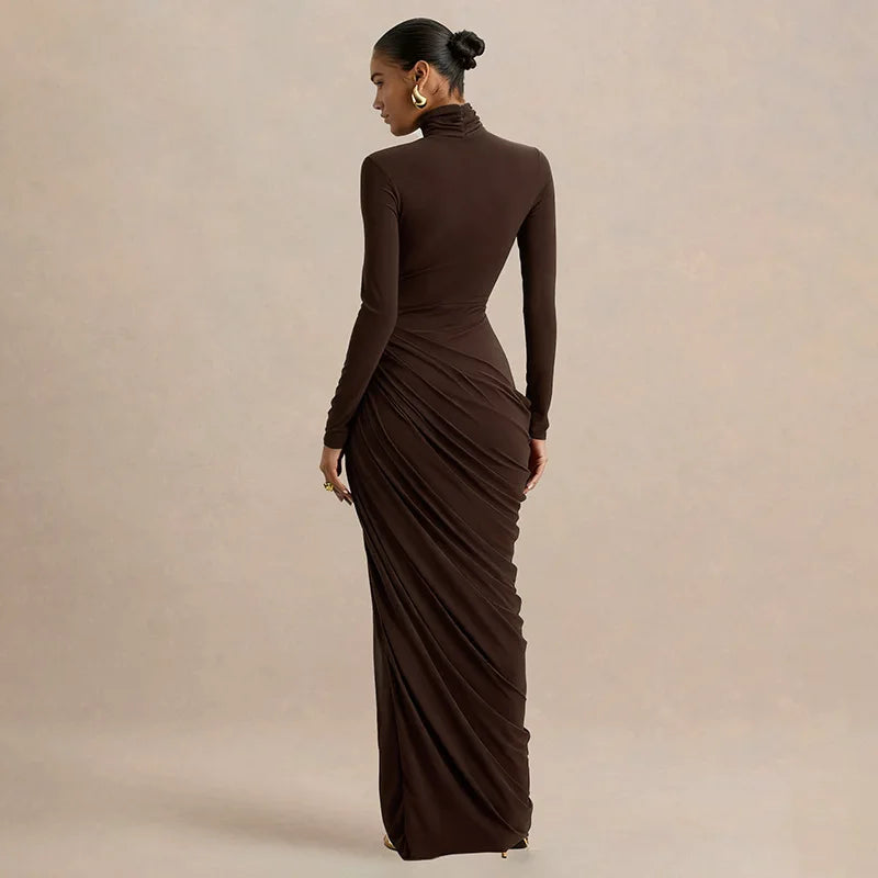 Thick Jersey Pleated Bodycon Dress — Brown | KIMLUD