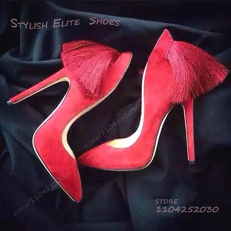 Purple Heel Tassel Suede Stiletto Feather Sandals Pointed Heels Women Hollow Pump Red Light Yellow Dance Fuchsia Cute Party Shoe