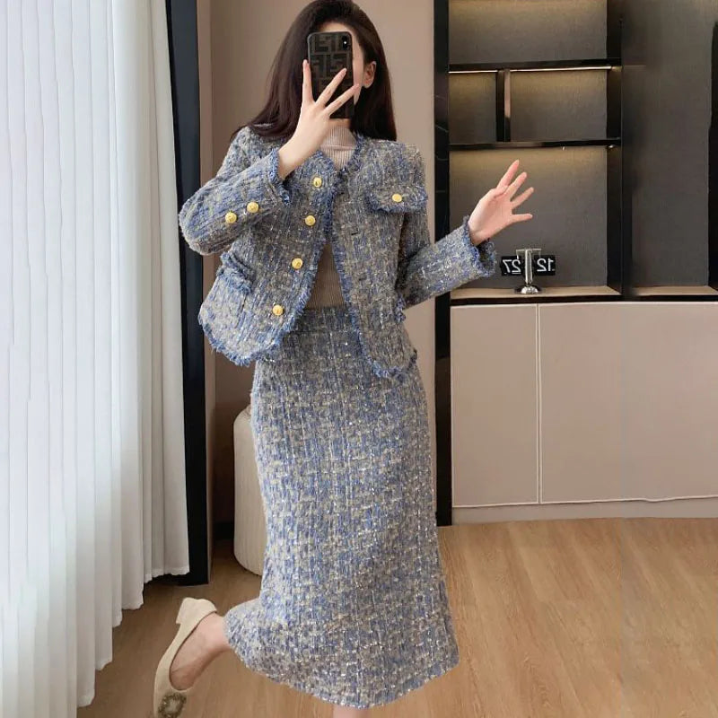 2025 Spring Autumn New Tweed Suit Skirt Women's Fashion Loose Sweet Single-Breasted Casual Chic Jacket Two-Piece Sets
