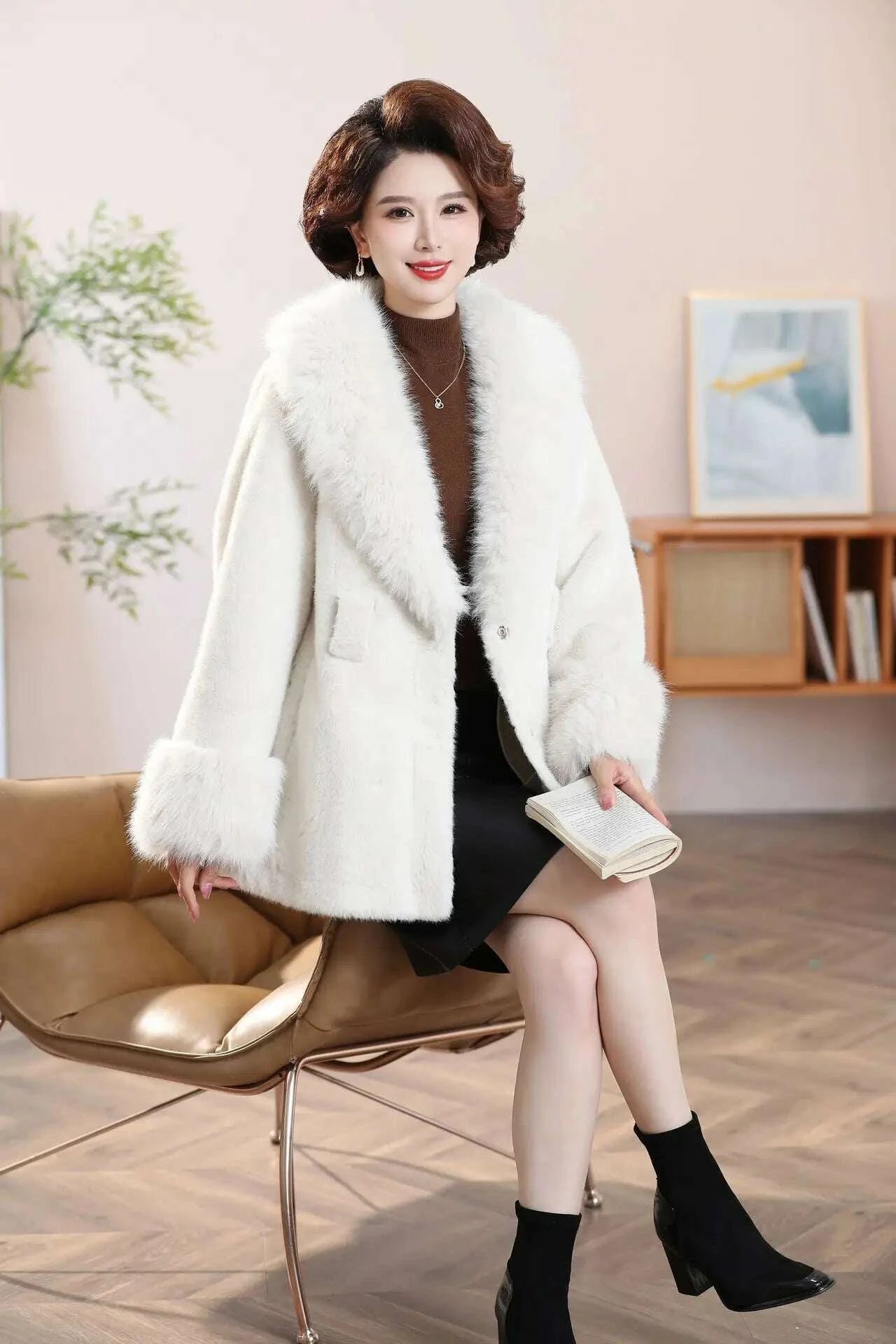 Elegant Simplistic Women's Faux Fur Mink Coat Eco-Friendly Long Sleeve Mid-Length Fashionable Winter Outerwear Coat