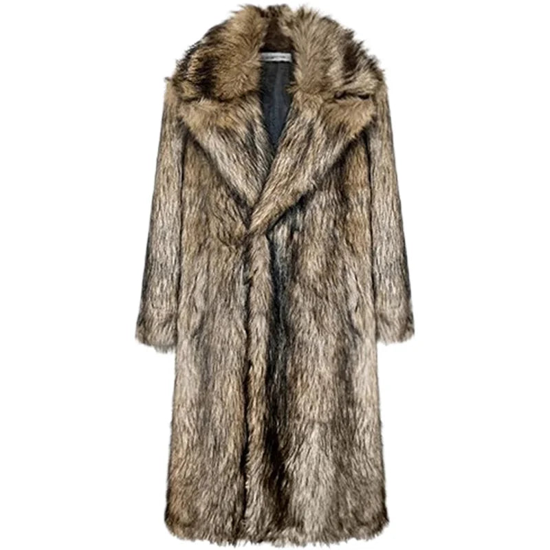 Men's Fur Coat – Lapel Long Overcoat – Wolf Fur And Fox Fur | KIMLUD