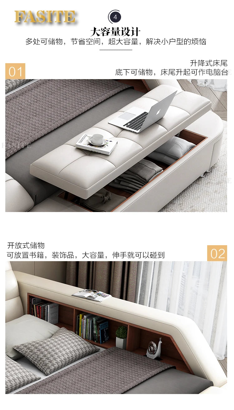 Genuine Leather Bed Tech Smart Multifunctional Massage, Bluetooth Speaker, Air Cleaner — White | KIMLUD