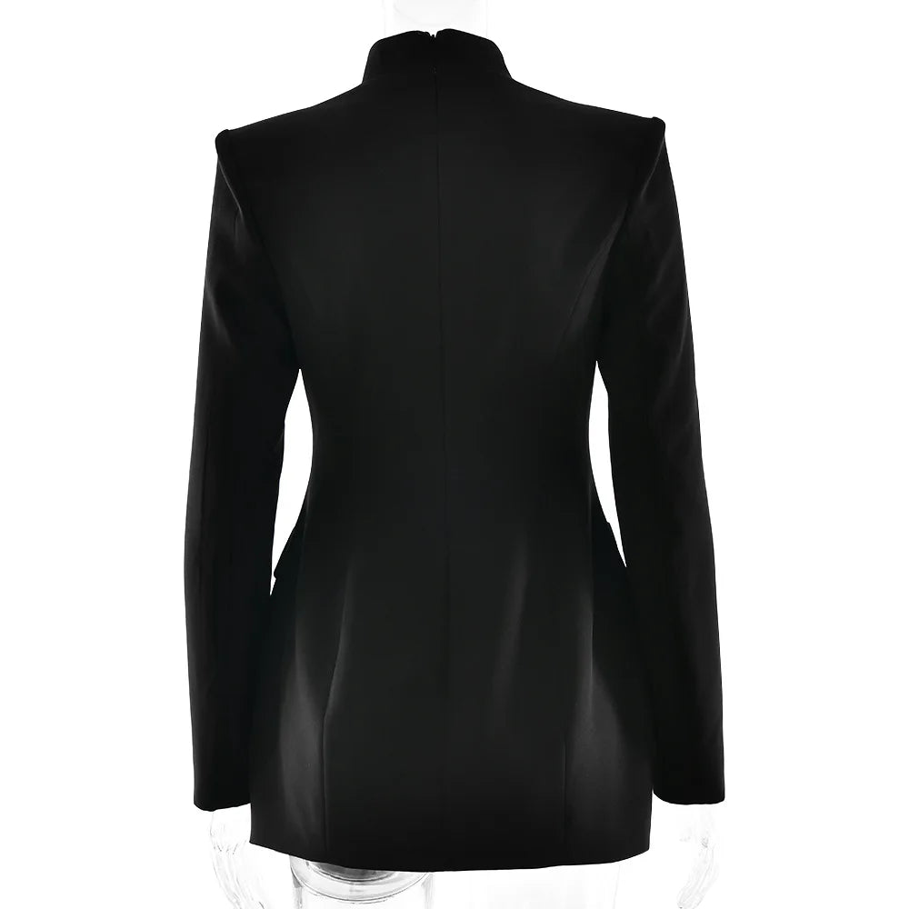 Polyester Single Breasted Stand Collar Bodycon Mini Dress — Black | KIMLUD