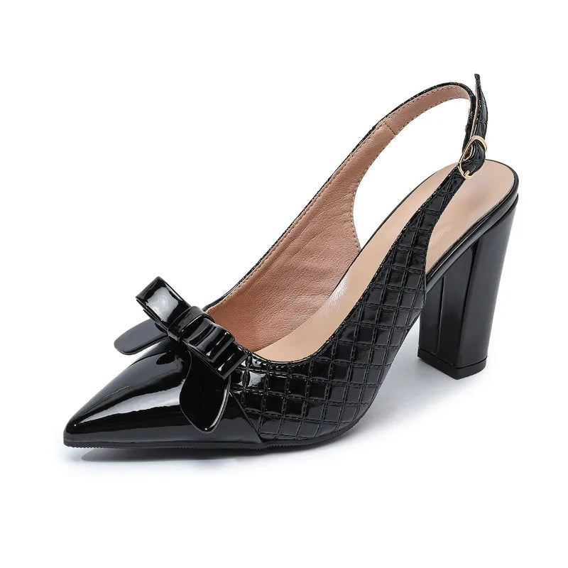 Slingback Block Heel Sandals – Bow Detail – Patent Leather | KIMLUD