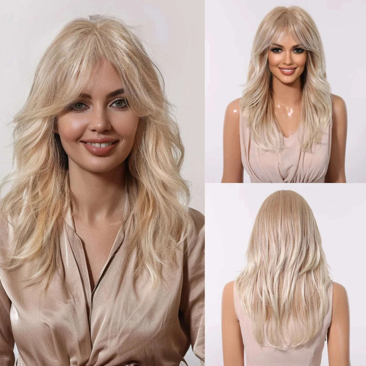 KIMLUD, Golden Blonde Mixed Synthetic Wig Dark Root Wavy Hair With Side Bangs for Women Daily Party Cosplay wig Heat Resistant Fiber, KIMLUD Womens Clothes