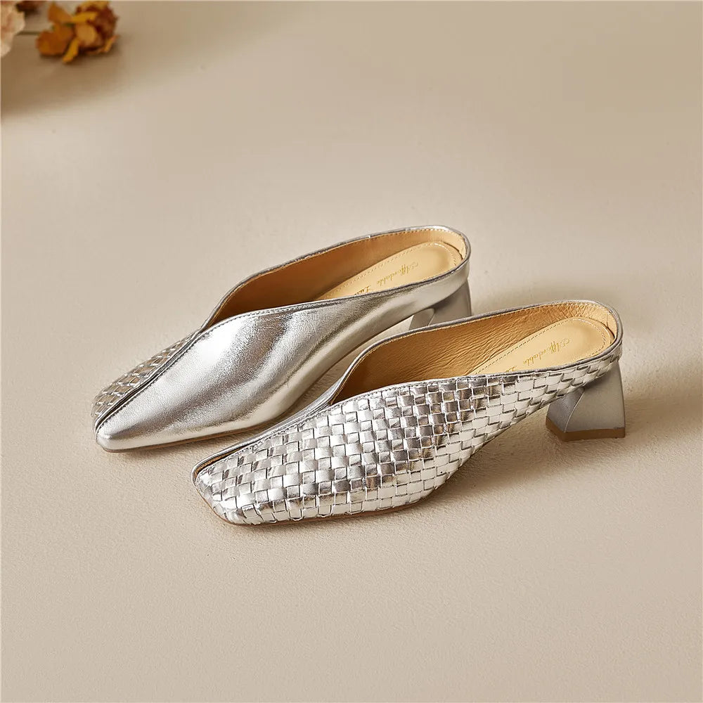 Metallic Cow Leather Slip-On Heels — Gold | KIMLUD