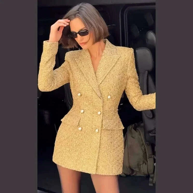 KIMLUD, Elegant Paillettes Blazer Coat Women Lapel Doube-breasted Fake Pocket Slim Jackets Lady 2025 Autumn Winter Streewear Female New, KIMLUD Womens Clothes