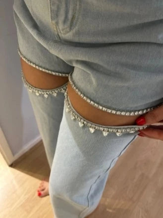 Chic Women Hollowed Out Diamonds Beaded Holes Jeans Rhinestones Straight Denim Pants Crystals Cowboy Trousers Loose Pantalones