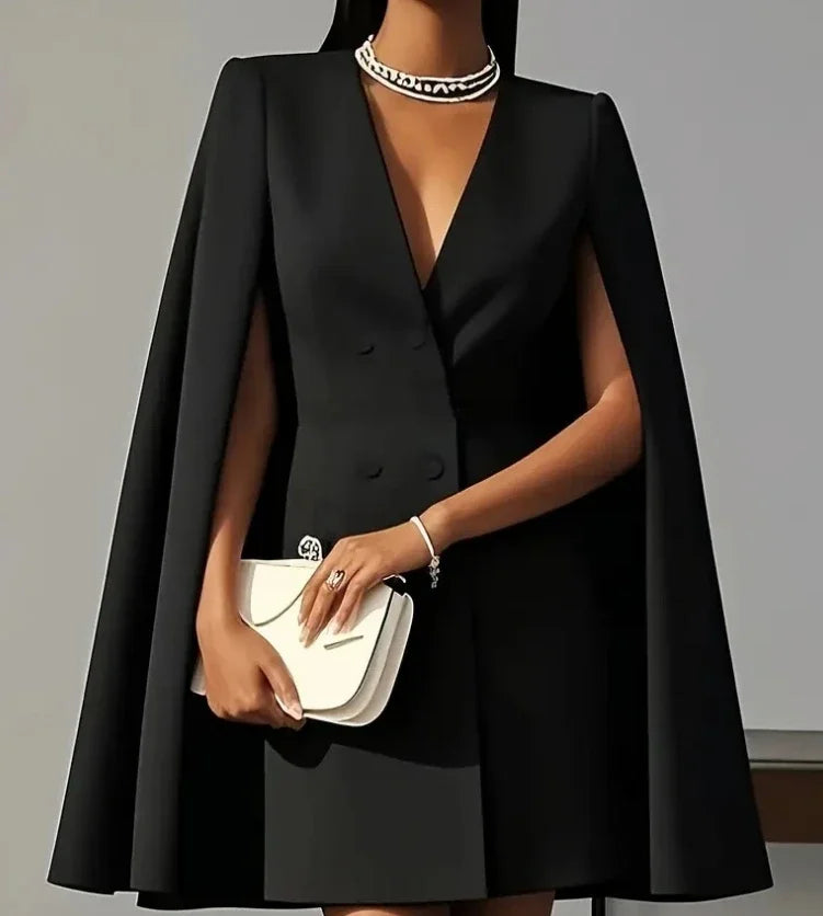 Double-Breasted Shawl Cape Mini Dress V-Neck — Black | KIMLUD