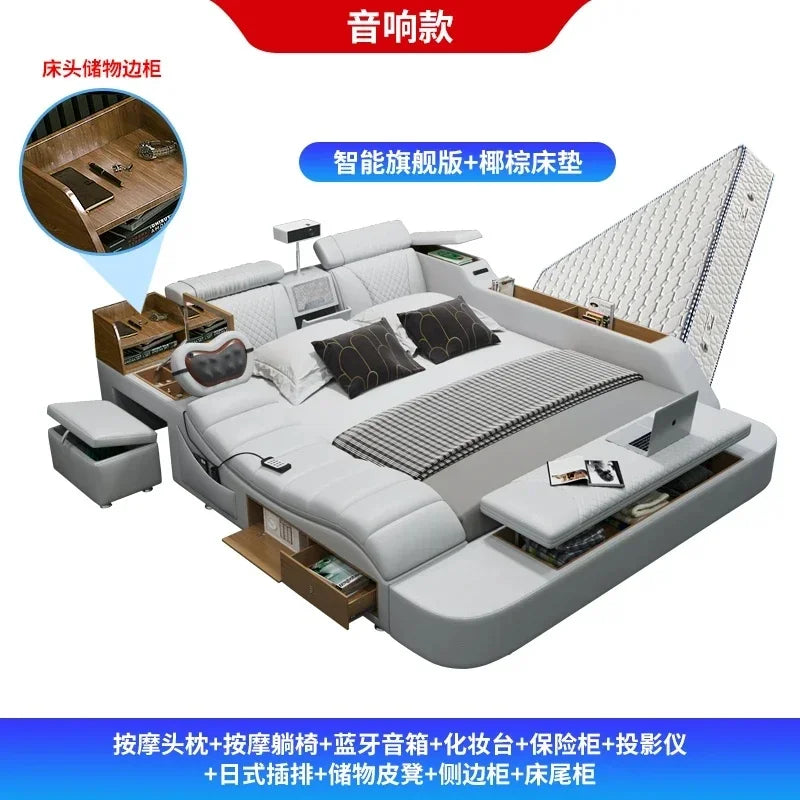 Luxury Smart King Size Bed with Queen Beds, Storage Cabinet, Headboard, and Loft Mattress for California Day Bedroom Furniture