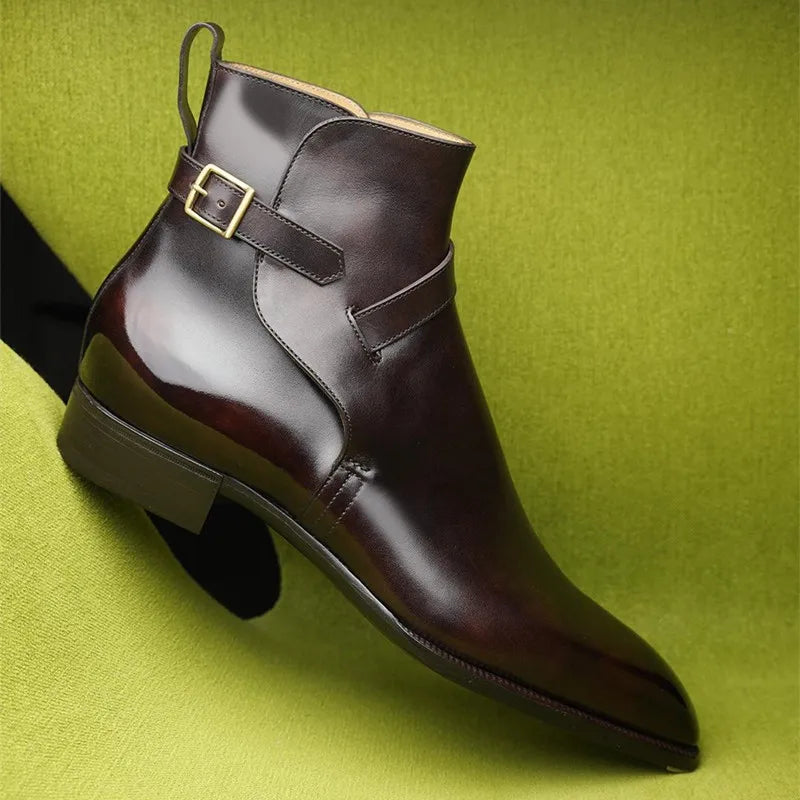 New Brown Short Boots for Men Black Buckle Strap Fashion Ankle Boots Business Square Toe Men Boots