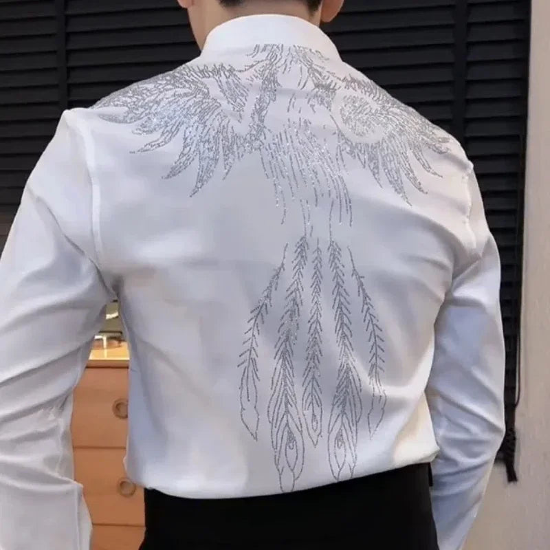 Spring Autumn Y2K Solid Diamond Shirts Men's Clothing Long Sleeve Loose Polo Neck Blouse All Match Fashion Cardigan Print Tops