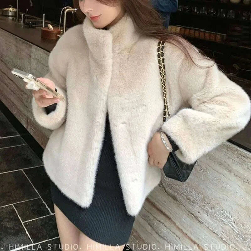 Luxury Mink Fur Loose Stand Collar Fur Coat Women Fashion Winter Outdoor Casual Office Lady All-match Cardigans Woolen Jackets
