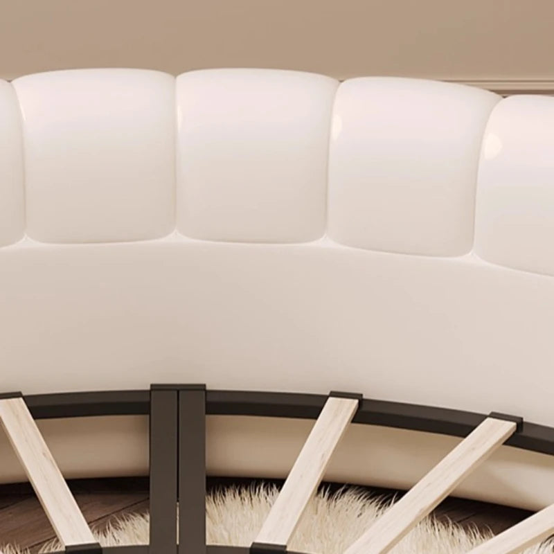 Leather Round Bed Queen Size, Modern Minimalist European Style, Pearlescent Leather Finish — Black | KIMLUD